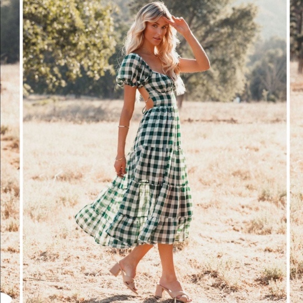 RYE PUFF SLEEVE GINGHAM MIDI DRESS in green from VICI